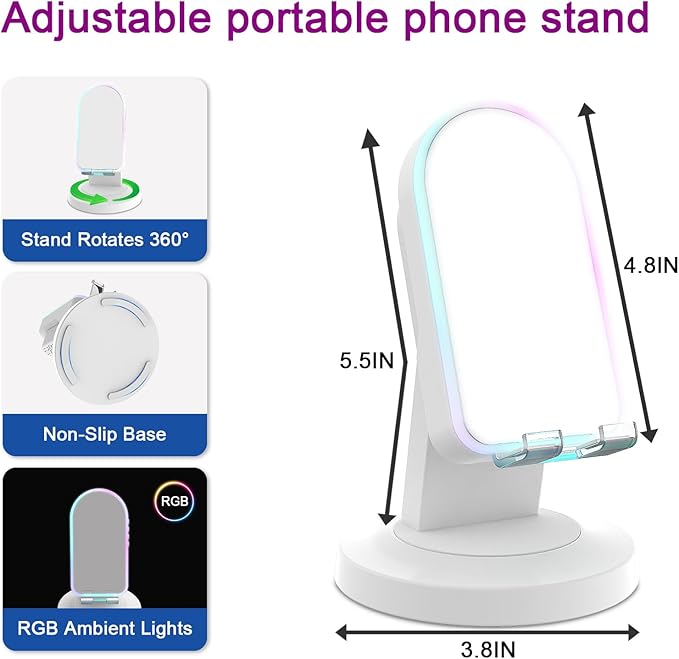 Tatiyana Wireless Induction Speaker with 360° Rotating Base, Bluetooth Speaker Phone Stand with Center Mirror, Stereo Sound for Kitchen Desk, RGB Ambient Light, Gift for Men Women (White)