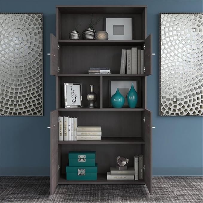 UrbanPro 72W Adjustable Height Standing Desk with Storage and 5 Shelf Bookcase, Storm Gray Finish, Engineered Wood, Steel Base, Ergonomic Office Furniture Set for Home Office or Workspace Organization