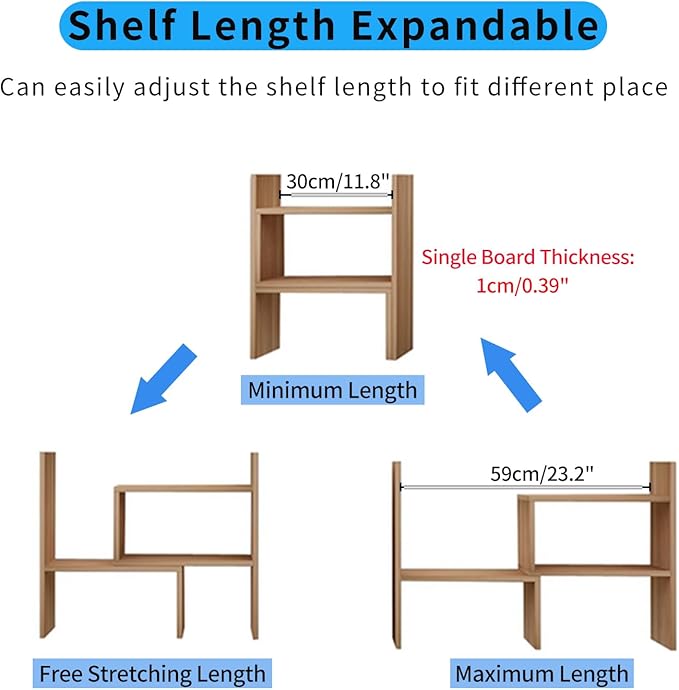 Desktop Shelf Organizer, Adjustable Wood Office Storage Rack, Counter Display Small Bookshelf for Home/Office/School(Light Walnut)