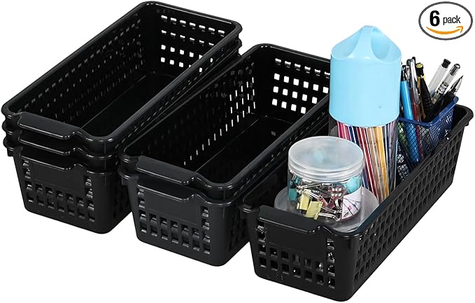 6 Pack Slim Plastic Storage Baskets, Small Desktop Storage Baskets, Black