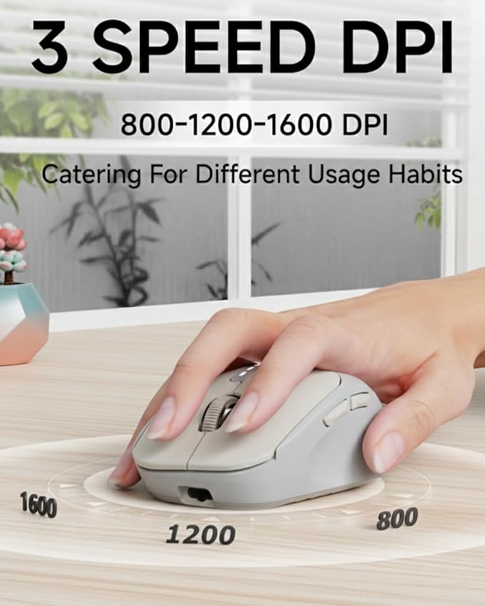 SEUNKWANG EWEADN Q5 Wireless Mouse, Bluetooth & 2.4G Quiet Computer Mouses with Battery Level Display, 1600 DPI, Ergonomic Office Mouse, 6 Button Portable Cute Computer Mouse for Laptop/PC/Mac - Grey