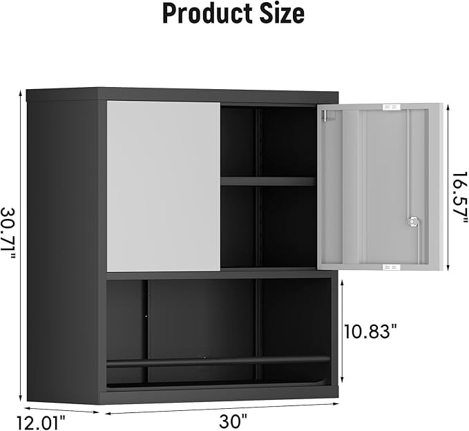 IRONFFICE Locking Cabinet,Metal Garage Storage Cabinets with Shelf,Wall Storage Cabinet with Doors for Home Office,Garage,Grey-Black