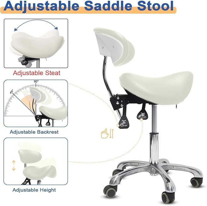 Saddle Stool with Wheels,3-Way Function Rolling Stool with Back Support,Ergonomic Stool Saddle Stool for Hair Stylist for Dentist Salon Tattoo