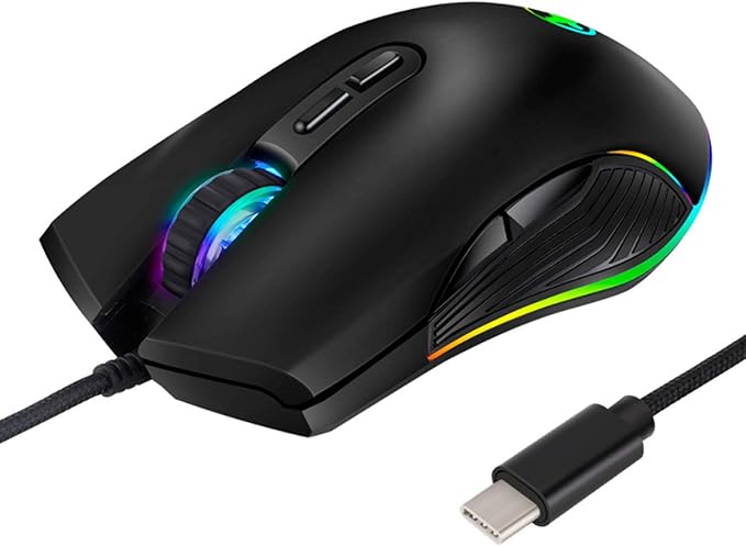 FIRSTMEMORY USB C Ergonomic Wired RGB Gaming Mouse - Optical with Adjustable DPI 800/1600/2400/3200 - Compatible with Notebook, PC, Laptop, MacBook and All Type-C Devices (Black)