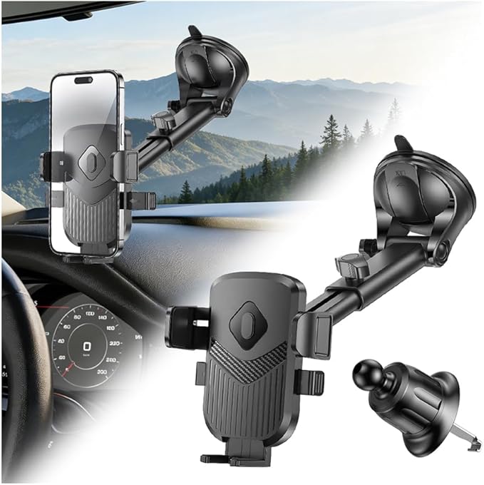 Car Phone Holder, 360° Adjustable Strongest Suction Vehicle Windshield Dashboard Air Vent Cell Phone Mounts, Hands Free Automotive Interior Smartphone Stand, Universal Fit (Black)