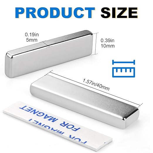 TRYMAG Strong Magnets Bar, 10 Pack Heavy Duty Magnetic Strips with Adhesive Backing, Powerful Rare Earth Neodymium Magnets Bars for Crafts, Garage, Kitchen, Science, Office - 40x10x5mm