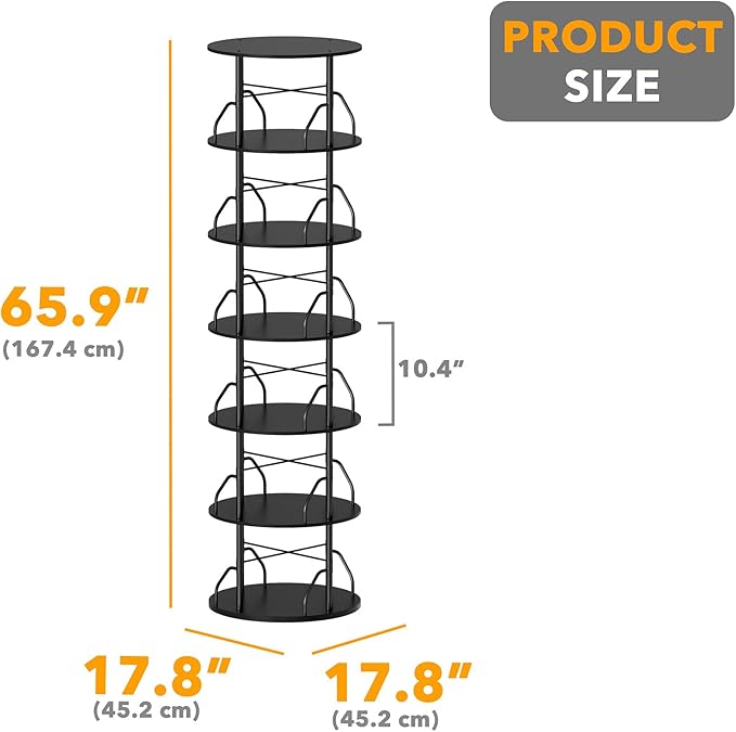 SpaceAid 6 Tier Rotating Bookshelf Tower, 360 Display Stackable Spinning Bookcase, Space Saving Revolving Round Book Shelf, Floor Standing Swivel Corner Organizer, Black