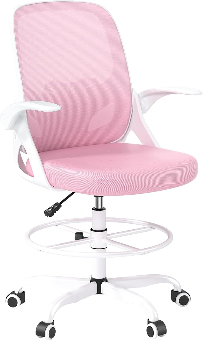 Kensaker Drafting Chair Tall Office Chair, Ergonomic Standing Desk Chair with Adjustable Foot Ring and Flip-up Armrests, Mesh Computer Chair for Art Studio, 300 LBS, Pink