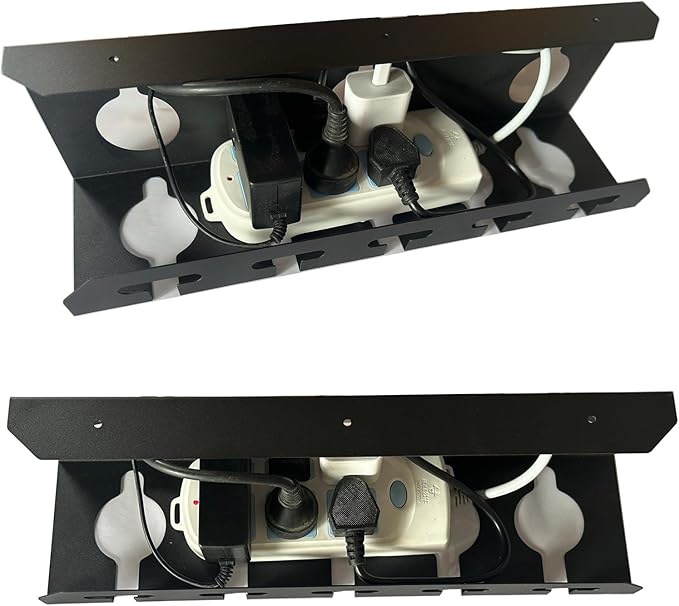 Desk Cable Management, U-Channel Cord Box, Metal Under Cable Management Tray, Office Under Organizers with Hat Racks(White, 2pcs Cord Organizer Box + 2pcs Special Hooks)