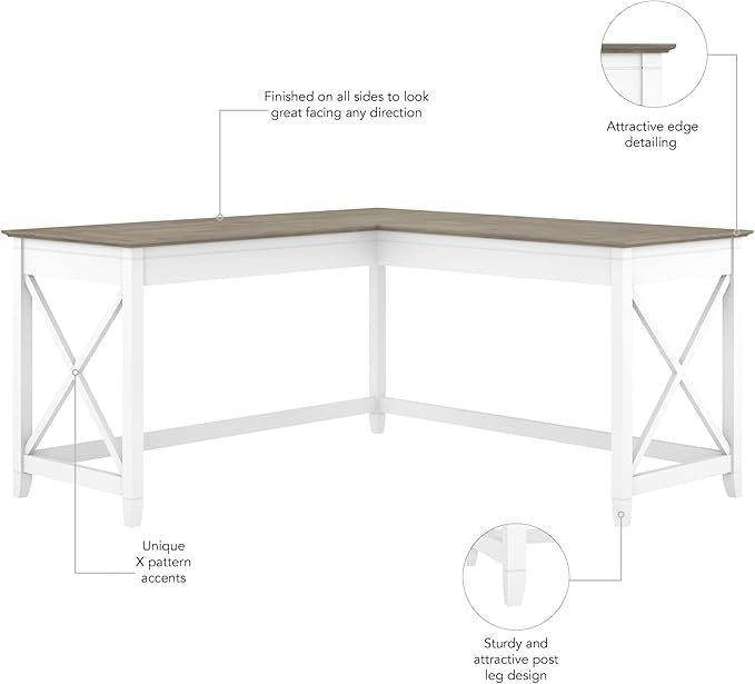 Bush Furniture Key West Modern Farmhouse L-Shaped Desk L Desk for Home Office in Pure White and Shiplap Gray 60W Corner Desk