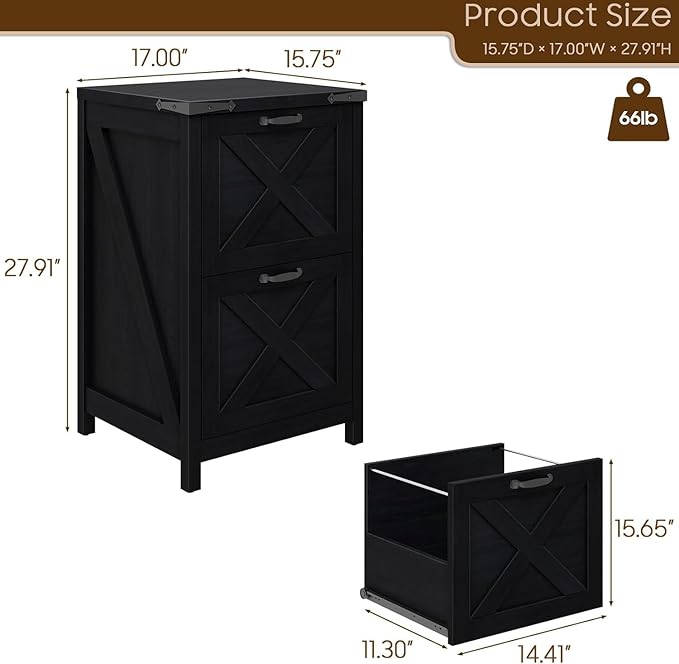 Vabches Vertical File Cabinet with 2 Drawers, Wooden Farmhouse Filing Cabinet for Letter/A4 Size Hanging Files, Under Desk Printer Stand with Storage for Home Office, Black