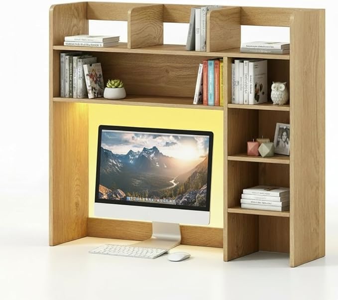 Tangkula Desktop Bookshelf with LED Lights, Desk Hutch with 8 Shelves for Max 25" Monitor, Desktop 5-Tier Display Rack, Multipurpose Wood Desktop Storage Hutch Organizer for Dorm Office Home (Natural)
