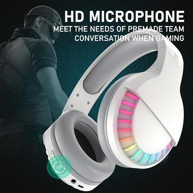 Wireless Bluetooth Headphone with Noise Cancellation HiFi Stereo Sound Mic Deep Bass Protein Earpad Rainbow RGB Backlight Rechageable Over Ear Headset for PC Mac Game Travel Class Home Office (White)
