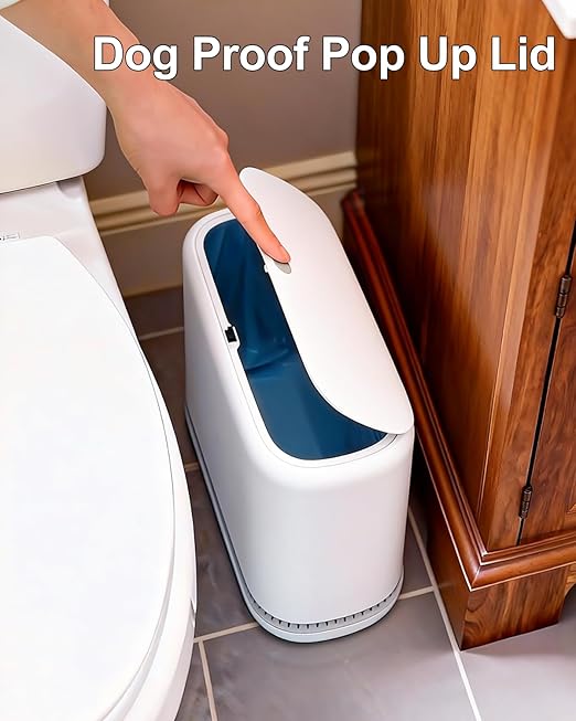 3 Gallon Slim Small Bathroom Trash Can with Lid, White Dog Proof Garbage Can with Air-Press Bag Expander & Removable Bucket, Narrow Bathroom Waste Basket for Bedroom, Office, Dorm