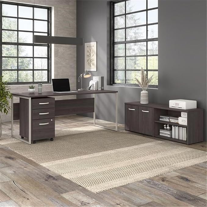 Pemberly Row 72W Office Desk with Storage, Engineered Wood, Storm Gray Finish, Includes 3 Drawer File Cabinet and Low Storage Credenza, Modern Workstation for Home Office or Professional Use