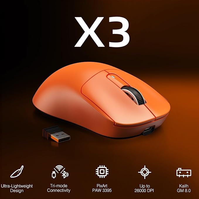 ATTACK SHARK X3 Lightweight Wireless Gaming Mouse with Tri-Mode 2.4G/USB-C Wired/Bluetooth,Up to 26K DPI, PAW3395 Optical Sensor,Kailh GM8.0 Switch,5 programmable Buttons for PC/Win/Mac(Orange)