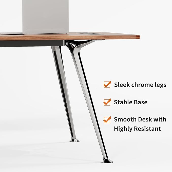 60-Inch Executive Desk, Computer Office Desk Workstation with Chrome-Plated Legs and Built-in Power Outlet, Writing Table Business Furniture, Modern Minimalist Style for Home Office, Walnut Brown