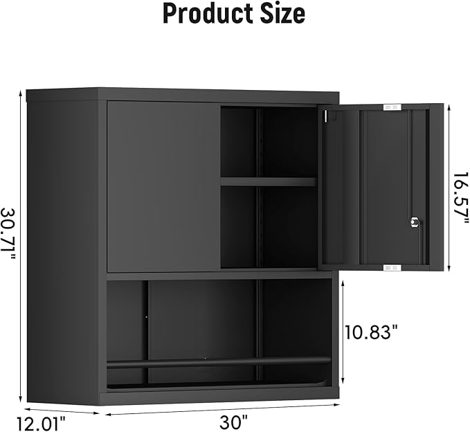 IRONFFICE Metal Cabinet,Lockable Storage Cabinet with Doors,Metal Garage Wall Cabinet with Adjustable Shelf,Locking Cabinet for Home Office,Garage,Shop,Black