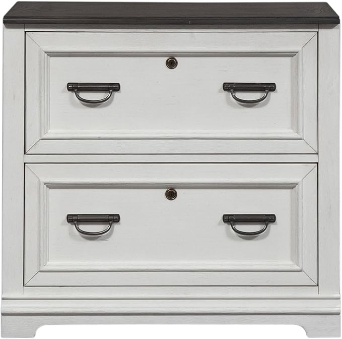 Liberty Furniture Allyson Park 2 Piece Set Lateral File Cabinet with Hutch Cottage Home Office Storage - Wirebrushed White w/Charcoal Tops Oak Wood