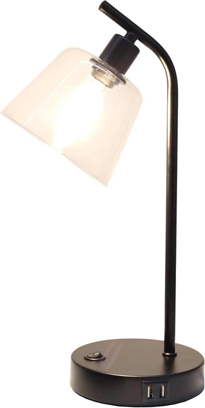 Simple Designs LD1074-BLK 15.75" Sleek Essentials Modern Industrial Metal Desk Lamp with Clear Glass Shade and Dual USB Ports, for Office, Desk, Nightstand, Dorm, Black