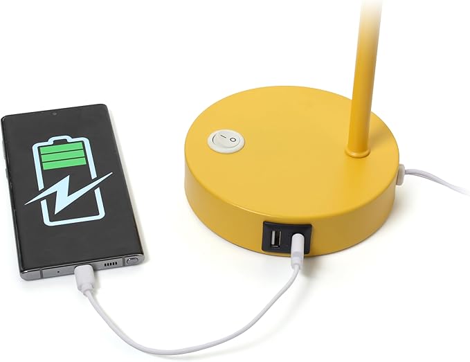 Simple Designs LD1072-YLW 15.2" Sleek Essentials Metal Cone Shade Desk Lamp with Adjustable Shade and Dual USB Ports, for Office, Desk, Nightstand, Dorm, Yellow