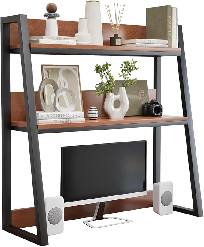 AQQHSAIN Desktop Hutch Shelf 2-Tier Ladder Bookshelf Computer Bookcase Wooden Desktop Display Rack Multipurpose Desk Hutch Top Only for Home Office Dorm Use (Brown, 55CM)
