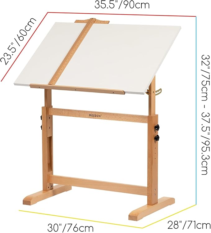 MEEDEN White Board Drafting Table and Stool Set, Height Adjustable Artist Wooden Stool and Craft Table, Tiltable Tabletop of Drawing Desk, Perfect for Writing, Artwork, Artists Studio