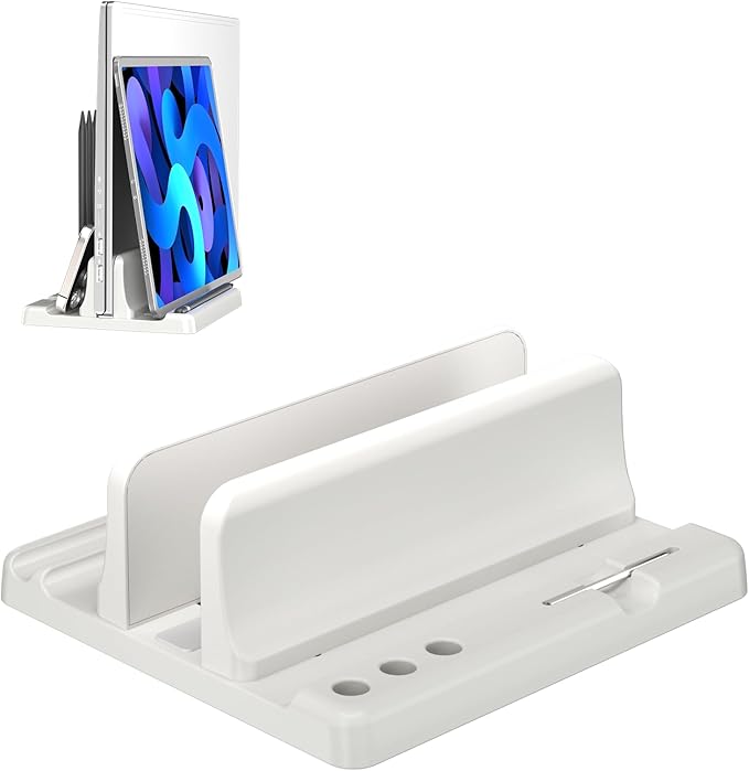 Vertical Laptop Stand Holder - Adjustable ABS Plastic Desktop Management Notebook Dock, Space-Saving 3 in 1 Compatible with All MacBook Pro Air, Mac, HP, Dell, Microsoft Surface (White-1 Slot Version)