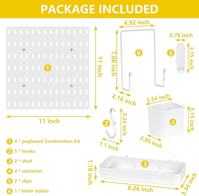 Peg Board, Pegboard Combination kit, 4 Pegboards and 12 Accessories Modular Hanging for Wall Organizer,Suitable for Wall Storage,Crafts Organization,Decorative Display,11''x11'' Each