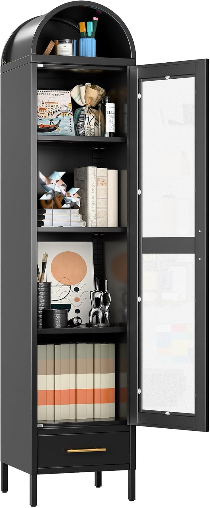 Aobabo Metal Arched Display Cabinet with Glass Doors, Narrow Arched Bookcase with 3 Adjustable Shelves for Home Office, Assembly Required, Black
