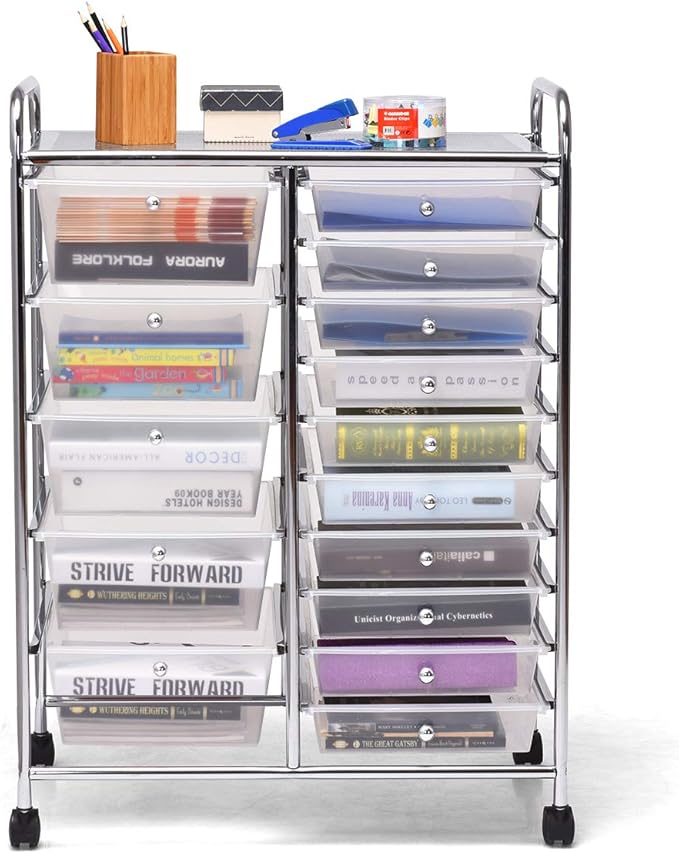 Moccha 15-Drawer Rolling Storage Cart - Under Desk Storage Drawers with wheels for Craft Art Supply Paper Salon, Scrapbook Paper Tools, Mobile Utility Cart for Classroom (15 Drawers, Clear)