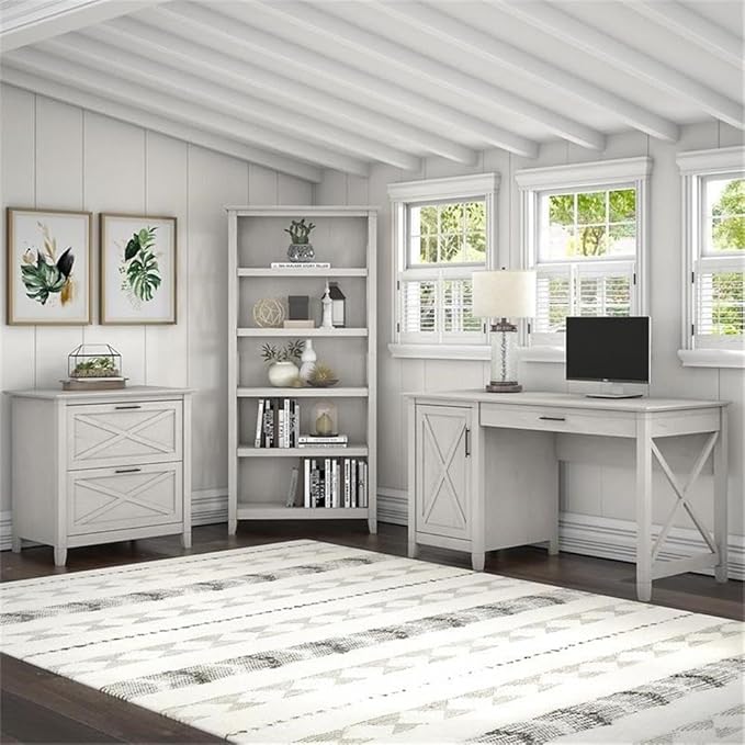 Bush Furniture Key West 54W Computer Desk with 2 Drawer Lateral File Cabinet and 5 Shelf Bookcase in Linen White Oak