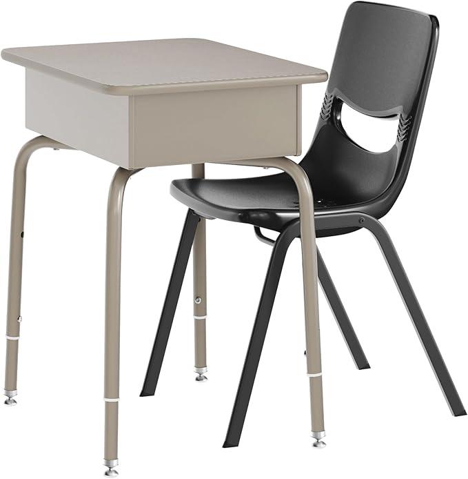 EMMA + OLIVER Jacobs Desk/Stackable Ergonomic Chair Set, Flex Comfort Seat Back, Adjusting Desk Legs, Metal Open Front Storage Box, Gray Granite Desktop/Black Chair