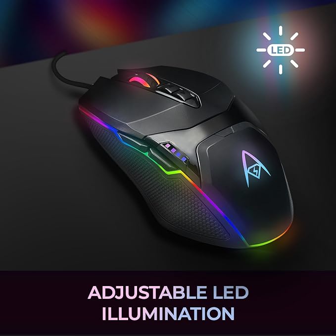 Adesso iMouse X5 USB RGB Illuminated Gaming Mouse – 7 Buttons, Adjustable Weight, 6 Level DPI Switch up to 6400, Optical Sensor, Ergonomic Design for Right-Handed Gamers, Multi-Color LED Backlight