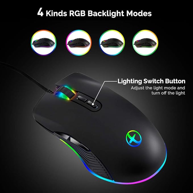 FIRSTMEMORY USB C Ergonomic Wired RGB Gaming Mouse - Optical with Adjustable DPI 800/1600/2400/3200 - Compatible with Notebook, PC, Laptop, MacBook and All Type-C Devices (Black)