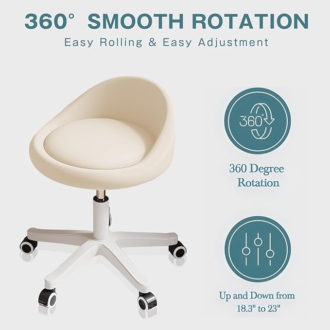Rolling Stool Chair with Backrest, Round PU Leather Adjustable Height Hydraulic Swivel Rolling Stool for Spa Salon Tattoo Massage Doctor Dental Medical Office Beige