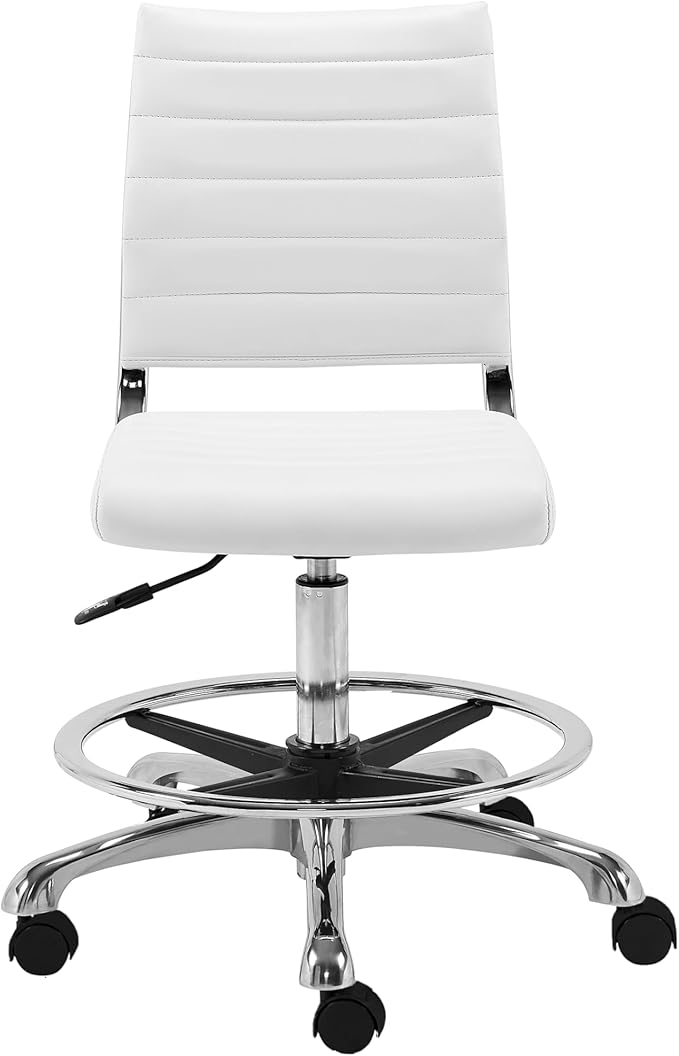 Euro Style Axel Adjustable Height Drafting Stool | Modern Ribbed Multi-Purpose Office Style | Leatherette Over Foam Seat and Back | 360° Swivel with Footrest | White with Aluminum Base