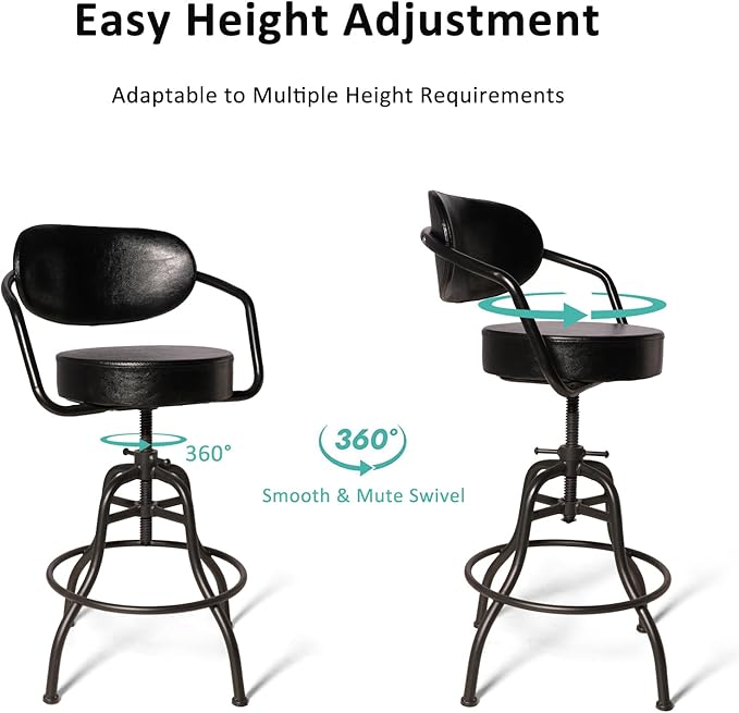 Industrial Office Chair with Backrest 21.7-25.6inch Height Adjustable Vintage Bar Stool with Swivel PU Seat Rustic Drafting Drawing Chair for Workbench Office Desk
