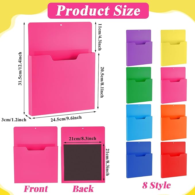 gisgfim 8 Pcs Magnetic Wall File Organizer Magnetic File Paper Holder Hanging Refrigerator Magazine Mail Holder for Planners Letters Documents Whiteboard Classroom Office Home (Colorful,10 x 13 Inch)