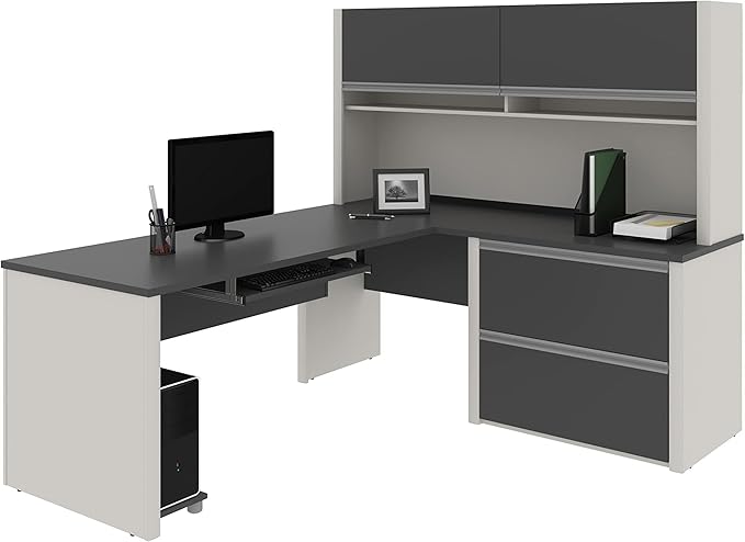 BOWERY HILL L-Shaped Office Desk Set, Sandstone and Slate Finish, Commercial-Grade Work Surface, Melamine Coating, Shock-Resistant Edges, Wire Management, Storage Drawers, Modern Office Furniture