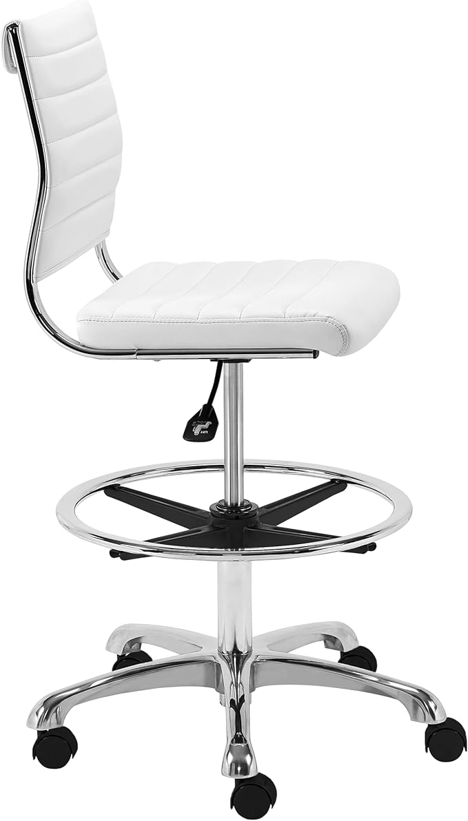 Euro Style Axel Adjustable Height Drafting Stool | Modern Ribbed Multi-Purpose Office Style | Leatherette Over Foam Seat and Back | 360° Swivel with Footrest | White with Aluminum Base