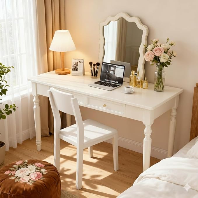 39.4in Country Desk and Chair Set, Home Office Computer Desk with Ergonomic Office Chair, Wooden White Writing Desk Study Table, for Bedroom, Office or Student Workstation(39.4'' x 23.6'' x 29.5'')