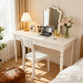 47.2in Country Desk and Chair Set, Home Office Computer Desk with Ergonomic Office Chair, Wooden White Writing Desk Study Table, for Bedroom, Office or Student Workstation(47.2'' x 23.6'' x 29.5'')