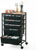 SYKIARIOL 5-Tier Rolling Utility Storage Drawer Craft Cart on Wheels with Wooden Tabletop, Mobile Craft Storage Drawer Cart Trolley for Home Office, Classroom, Craft Room & Kid Room, Black