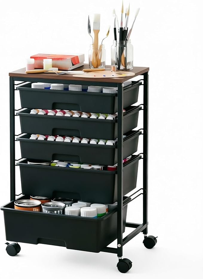 SYKIARIOL 5-Tier Rolling Utility Storage Drawer Craft Cart on Wheels with Wooden Tabletop, Mobile Craft Storage Drawer Cart Trolley for Home Office, Classroom, Craft Room & Kid Room, Black