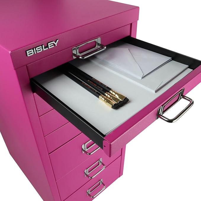 Bisley 8-Drawer Steel MultiDrawer Cabinet - Fuchsia, Chrome Pull Handles with Label Holders, Powder-Coated Steel, Removable Drawers, Fits Under Most Desks, Labels Included