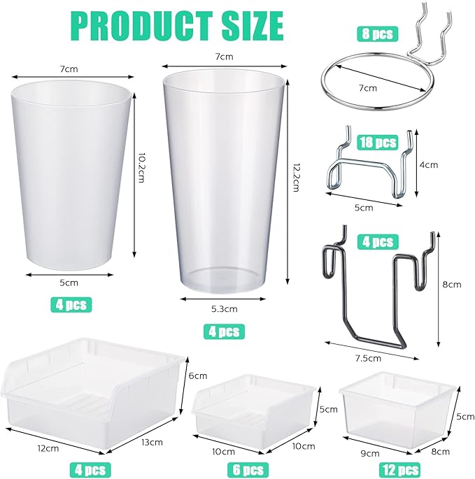 Roowest 60 Pcs Pegboard Cups Pegboard Bins Set, Wall Organizer with Hooks and Loops, Hooks Assortment Organizer Accessory for Office Storage Garage Craft Workshop(Clear)