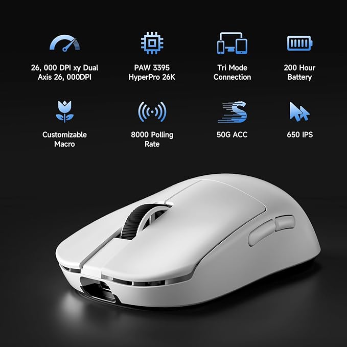 MCHOSE L7 Pro+ Wireless Gaming Mouse Esports, Ultra-Lightweight Mouse with 26K DPI, 650 IPS, 8K Polling Rate, Optical Switch, 7 Programmable Buttons, Tri-Mode Connection, 200H Battery, PC/Mac - White