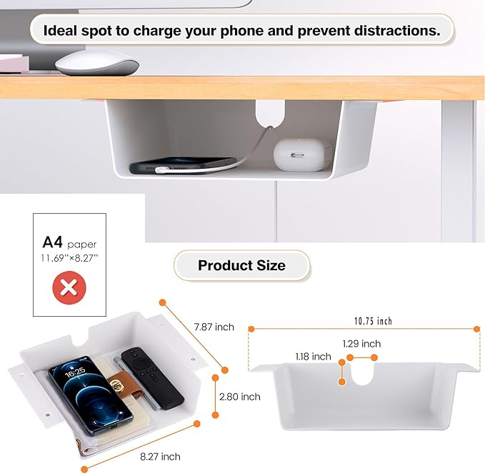 4 Pack Adhesive Under Desk Hanging Shelf Mount Drawer Organizer, Attachable Plastic Under Desk Storage Tray for Standing Desks, Tables, Workstations, Gaming, Cabinet, Increase Storage Space - White