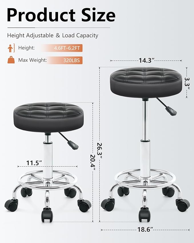 Rolling Stool with Wheels - Swivel Small Office Chair with Footrest, PU Leather Shop Stool for Office Spa Studio Lab Counter Salon Home Work Bar Kitchen Shop Teach Medical Facial, Black